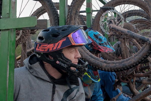 MTB helmet with glasses stashed in ports